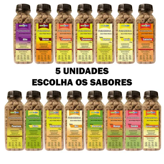 5 Ração Furadinha Acquamil Isca Para Pesca Com Essências 125g