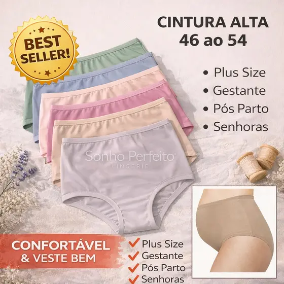 Calçola Tangão Cintura Alta Senhora Plus Size Microfibra Confortavel Gestante Pós Parto