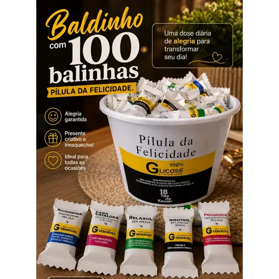Pote personalizado com 100 balinhas pílulas da Felicidade