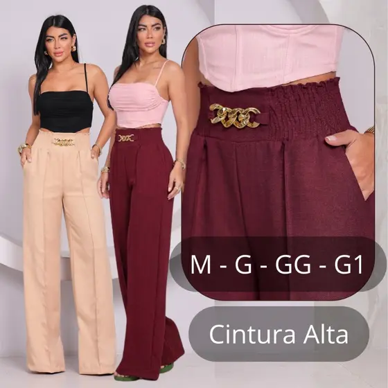 Calça Pantalona Feminina com Cinto Fivela Calça Alfaiataria Elegante Bolsos Forro Cintura Alta Latex
