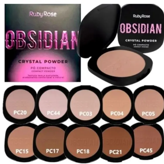 Pó Compacto Obsidian Crystal Powder Ruby Rose ultra leve e aveludado com acabamento natural
