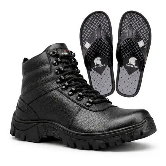 Bota Coturno Militar Couro Areia de Cano Curto Palmilha Confort + Chinelo Notorian