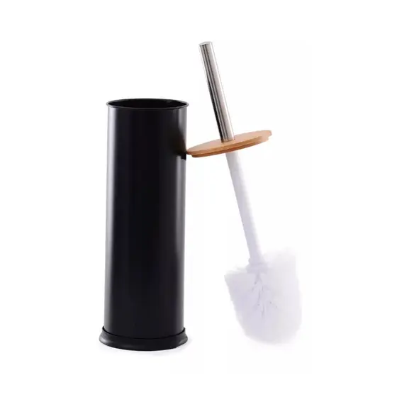 Escova Sanitária com Tampa de Bambu e Cabo Inox Preto – Design Moderno e Durável