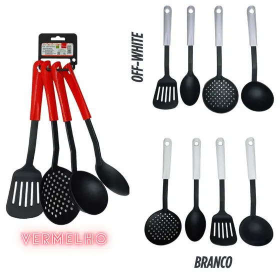 Kit 4 Utensílios para Cozinha em Nylon Resistente com Cabos Ergonômicos - Ideal para o Dia a Dia