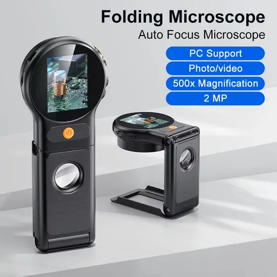 Microscópio Digital Autofoco 500X Com 8leds 2MP Coin Video Microscópios Lupa Dobrável 2 Polegadas Para Reparo Eletrônico