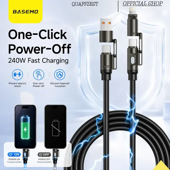 240W 4 Em 1 Cabo De Carregamento Rápido Com Um Clique Desligamento USB A Para Tipo C Dados Relâmpago Anti Choque Elétric