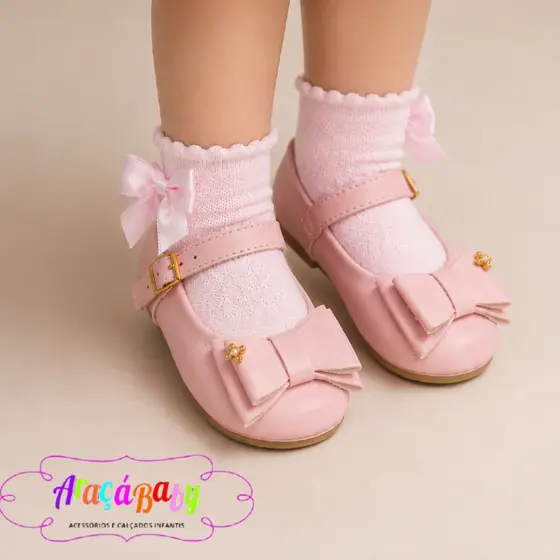 Kit Sapatilha e Meia Laço Soquete Infantil Bebe Menina Delicada Cetim