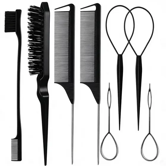 ANA1108 Conjunto 8 peças para estilizar e trançar o cabelo incluindo pente e ferramenta para trançar