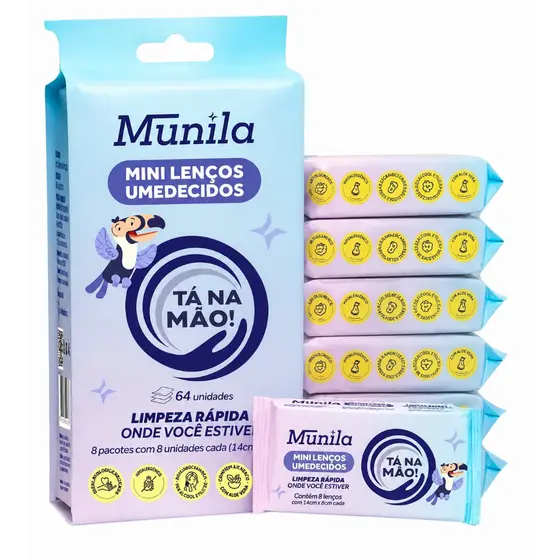 LENÇO UMEDECIDO TÁ NA MÃO MUNILA PACK C/8 MINI LENÇOS LIMPEZA RÁPIDA PARA BOLSA