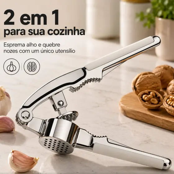 ESPREMEDOR TRITURADOR DE ALHO MANUAL EM AÇO INOX COM QUEBRA-NOZES PREMIUM USO DOMÉSTICO E PROFISSIONAL LIREX