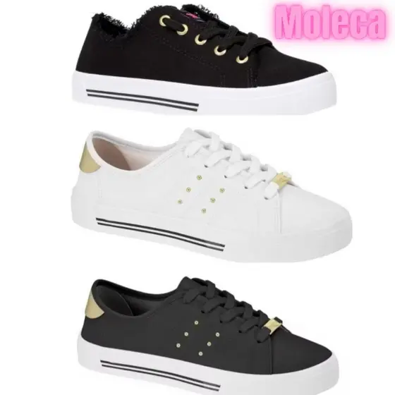tênis feminino moleca  casual dia dia sapato feminino escolar tênis macio branco preto baixo baixinho