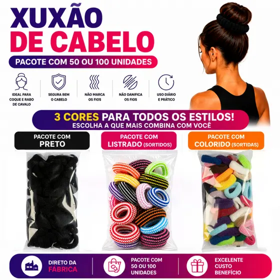 Rabicó Xuxão para Cabelo 50 ou 100 Peças – Elástico Resistente e Confortável | Rabico Delta