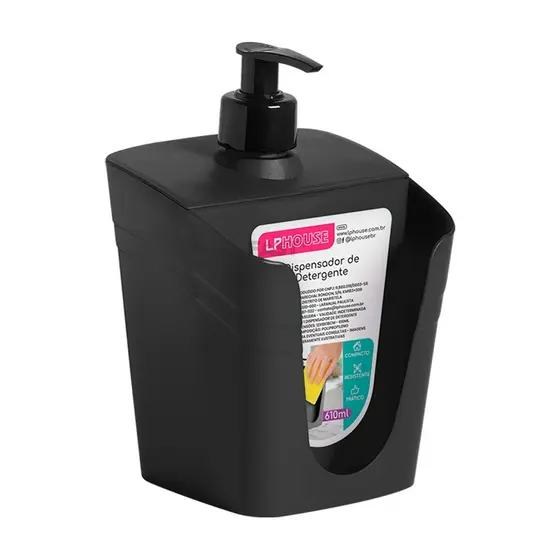 Dispenser Porta Detergente e Esponja Preto LP House 610 ml