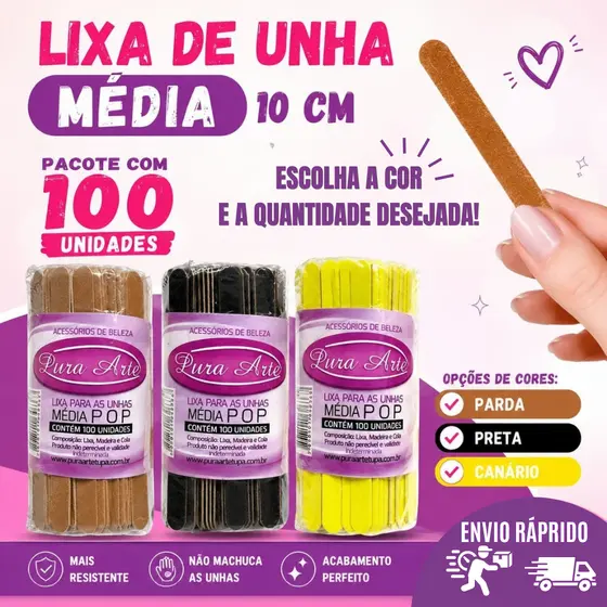 LIXA DE UNHA (10 cm) MEDIA PACOTES COM 100 A 500 PRETA / CANARIO / PARDA