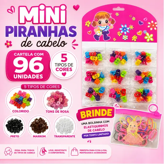 96 Mini Piranhas Prendedor Presilha Para Cabelo 1 Cartela