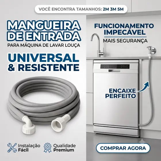 Mangueira de Entrada para Lava Louça 2,00 / 3,00 ou 5,00 M - Universal