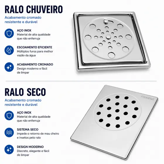 Ralo Para Box de Banheiro Inteligente em Aço Inox + Ralo Grelha 10x10