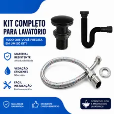 Sifão Pia Tanque + Engate 40cm + Válvula Click 7/8 Pia Banheiro Preto Fosco ABS De Engenharia