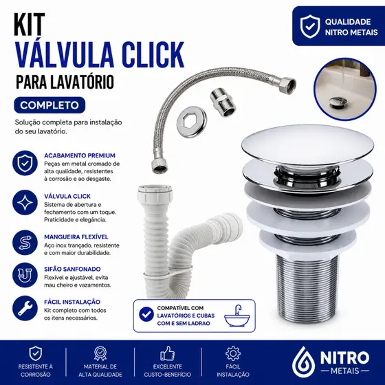 Kit Banheiro Engate Rabicho Flexível 40cm+ Valvula Ralo Click 7/8+ Sifão 72cm branco