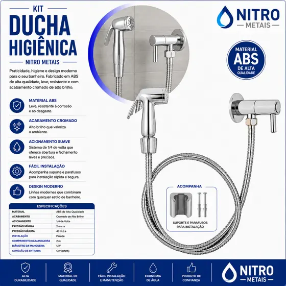 Ducha Higiênica Chuveirinho Mangueira 2 metros ABS cromada par Banheiro