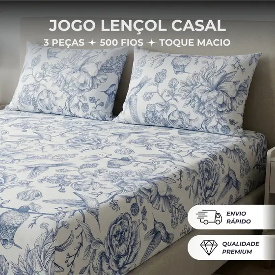 Jogo de Lençol Estampado 3 Peças 500 Fios Micro Percal Penteado Cama Solteiro Casal Queen King Macio