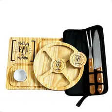 Tábua de carne + Petisqueira Madeira + Abridor + Conjunto Faca e Garfo - Kit Dia Dos Pais ou Presente dia dos pais