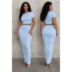 Conjunto Feminino Cropped Manga Curta + Saia Midi Justa