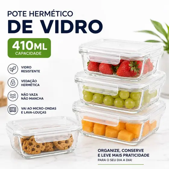 Kit 2/3/5/10 Potes de Vidro 410ml Hermético Marmita Fit com Tampa 4 Travas