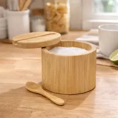 Saleiro de Bambu Redondo Cozinha Tampa Giratória Imã