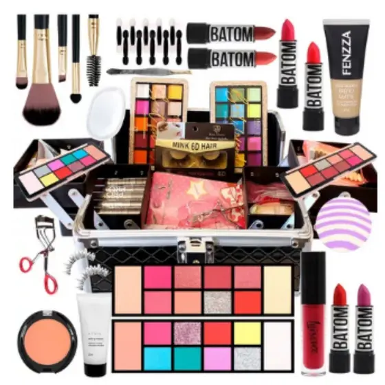Kit de Maquiagem Inovadora Completo 12 itens com Necessaire e Pinceis Gloss Perfume