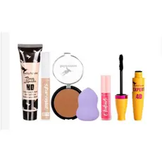 Kit de Maquiagem Base, Corretivo, Pó Compacto, Esponja, Batom e Rímel