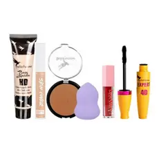 Kit de Maquiagem com Base, Pó, Corretivo, Esponja, Batom e Rímel Beleza