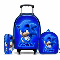 Kit Mochila Sonic com Lancheira e Estojo - Rodinhas - Menino - Masculino - Escolar - Rodinhas