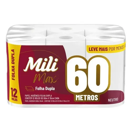 Papel Higiênico Mili 60m Folha Dupla Modelo Max C/ 12 Rolos