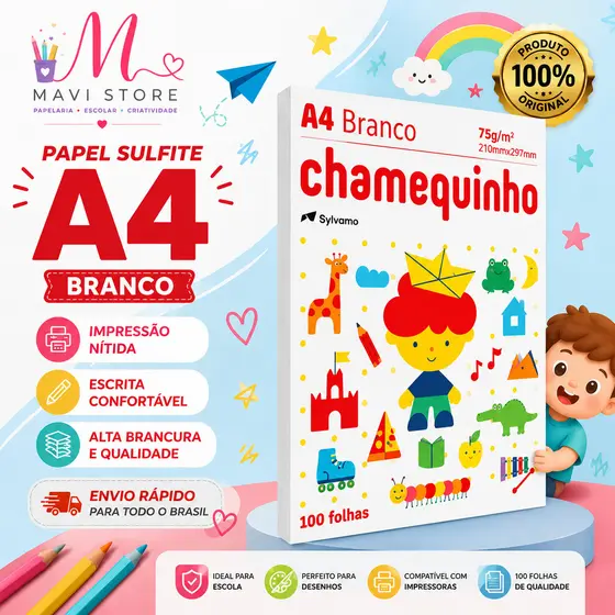 Papel A4 kit 1, 2, 3 Chamequinho Chamex 100 Folhas Branco Escolar