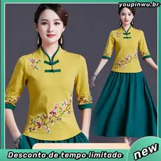 Estilo étnico topo novo estilo Retro estilo chinês bordado manga de três quartos gola alta abotoado costura superior mea