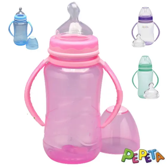 mamadeira 330ml bico redondo de silicone transição infantil com alça menino.