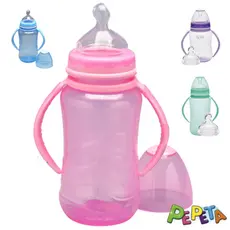 mamadeira 330ml bico redondo de silicone transição infantil com alça menino.