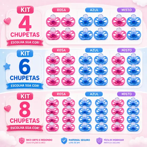 Kit Chupetas Bico Silicone Ortodôntico ou Redondo Menino Menina 6+ Meses (0122/0123)