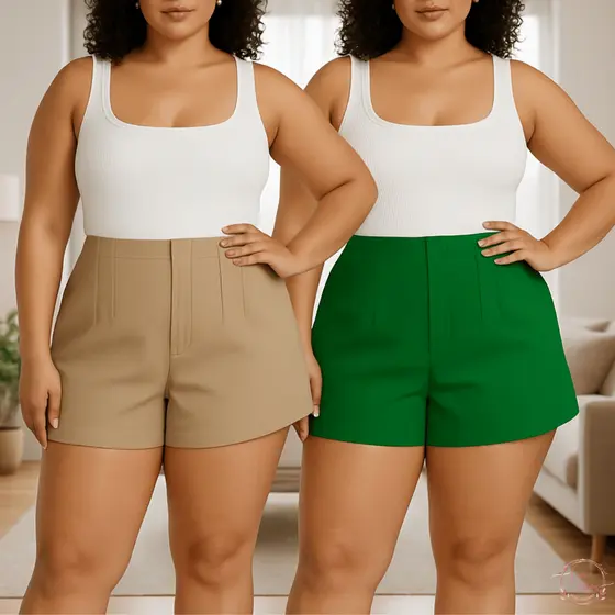 Short Alfaiataria Plus Size Feminino Cintura Alta Com Ziper Lateral