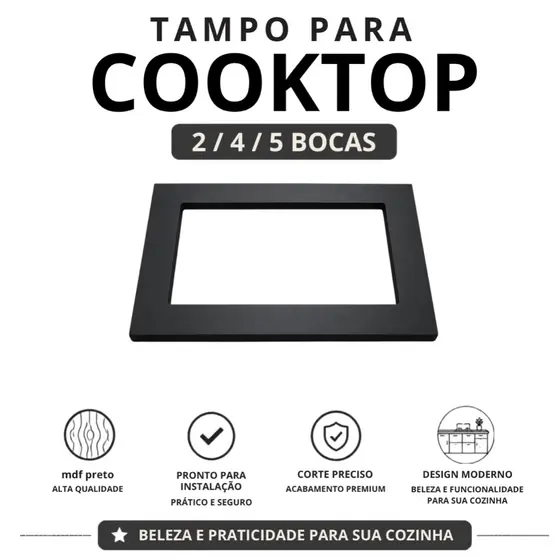 Balcão Cooktop MDF Preto 2/4/5 Bocas Pronto para Instalação Fogao mesa