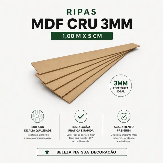 Ripa MDF Cru 3mm 1M x 5cm Para Painel Ripado Decoração Artesanato