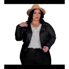 Jaqueta feminina plus size moda curve de couro Fake sintético con zíper transversal