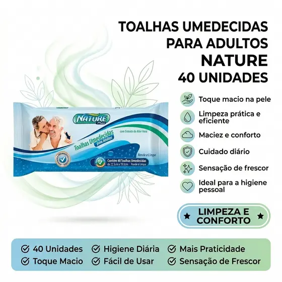 Toalhas Umedecidas Adulto Nature 40 Unidades Higiene Corporal Aloe Vera e Lanolina Sem Álcool