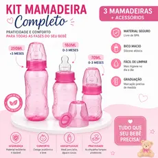 Kit 3 Mamadeiras Kuka Aquarela Rosa – Bico Ortodôntico (70ml, 160ml, 250ml)