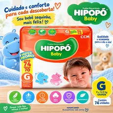 Fralda Descartável Hipopó Baby Pacote Hiper G 74 Unidades Até 10h Absorção Hipoalergênica Antiassadura Atacado