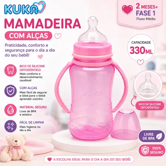 Mamadeira Kuka Aquarela Big 330ml com Alça Rosa – Bico Ortodôntico