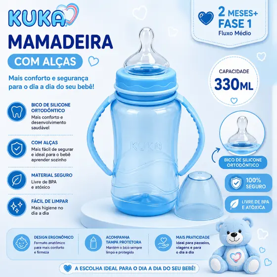 Mamadeira Kuka Aquarela Big 330ml com Alça Bico Ortodôntico Azul (6m+)
