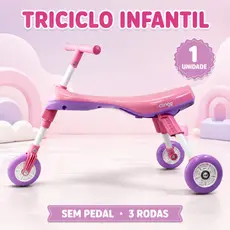 Triciclo Infantil Dobrável Clingo Rosa e Lilás Compacto Portátil 12 a 36 Meses Assento Ergonômico Leve Seguro