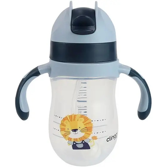 Copo de Treinamento Clingo 220ml com Canudo e Alça Infantil Transição Bebê Leão Livre de BPA Segurança Conforto